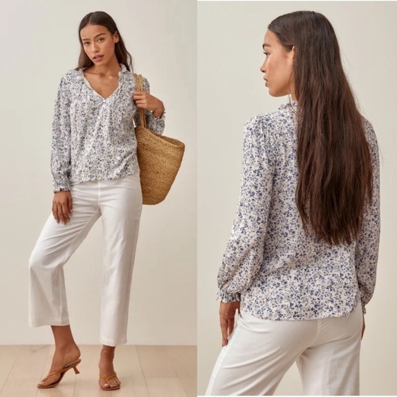 REFORMATION Micro Floral Print Puff Long Sleeve Ruffle Collar Tie V-Neck Top XS - Picture 3 of 7